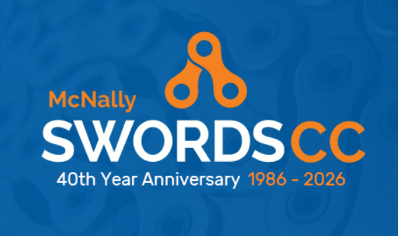 McNally SWORDS CC 40th Anniversary logo with an orange club emblem on a blue background (1986–2026).